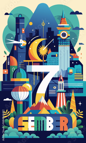"Vector poster design for Brazil Independence Day, modern flat art style, bold typography with ‘7 de Setembro’, fireworks, Brazilian landmarks like Christ the Redeemer and Sugarloaf Mountain."