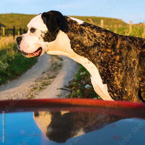 Dog on country path, reflection in car