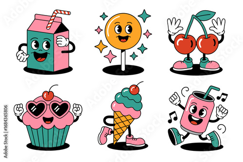 Happy snack characters collection, cupcake with sunglasses, soft serve ice cream, dancing drink box, playful mascot set, kawaii vector for kids products