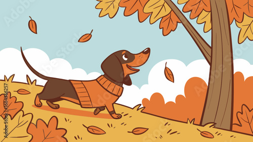 Autumn dachshund dog in sweater vector illustration for fall season pet graphics and thanksgiving designs