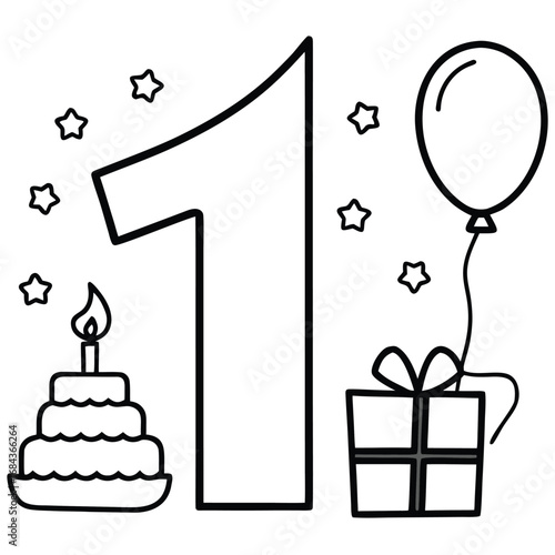 Black and white illustration of the number 1 with birthday celebration elements cake