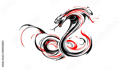 A striking vector illustration features a snake with dynamic red and black brushstrokes, creating a visually engaging and stylized design element on white.