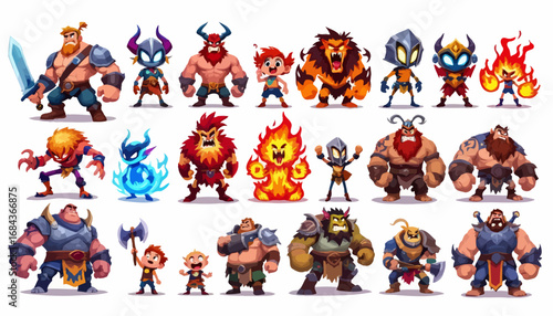 A diverse collection of stylized vector game character sprites, featuring warriors, mages, and mythical creatures, all rendered in a vibrant, cartoonish style, perfect for game development.