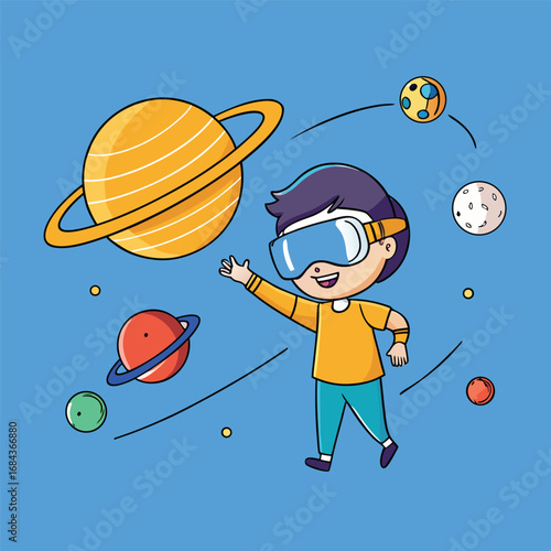 Cheerful boy in VR headset exploring cartoon planets in outer space virtual reality child