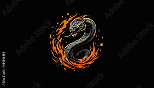 A stylized vector illustration depicts a snake engulfed in flames against a dark background, suitable for graphic design and digital artwork projects.