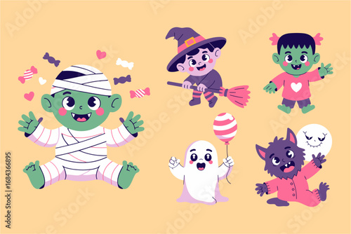 Cute monster kids group, mummy witch frankenstein ghost black cat, candy and balloons, soft peach backdrop, cartoon scene, vector illustration, nursery wall art, party design
