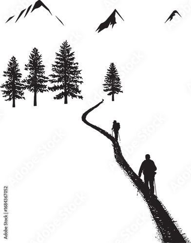 Hikers on mountain trail with forest and mountain scenery simple black and white vector illustration graphic design