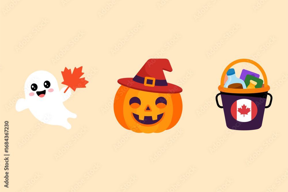 Fototapeta premium Canadian Halloween scene, ghost with maple leaf, pumpkin wearing hat, candy bucket, soft background, cute seasonal design, vector banner, social template