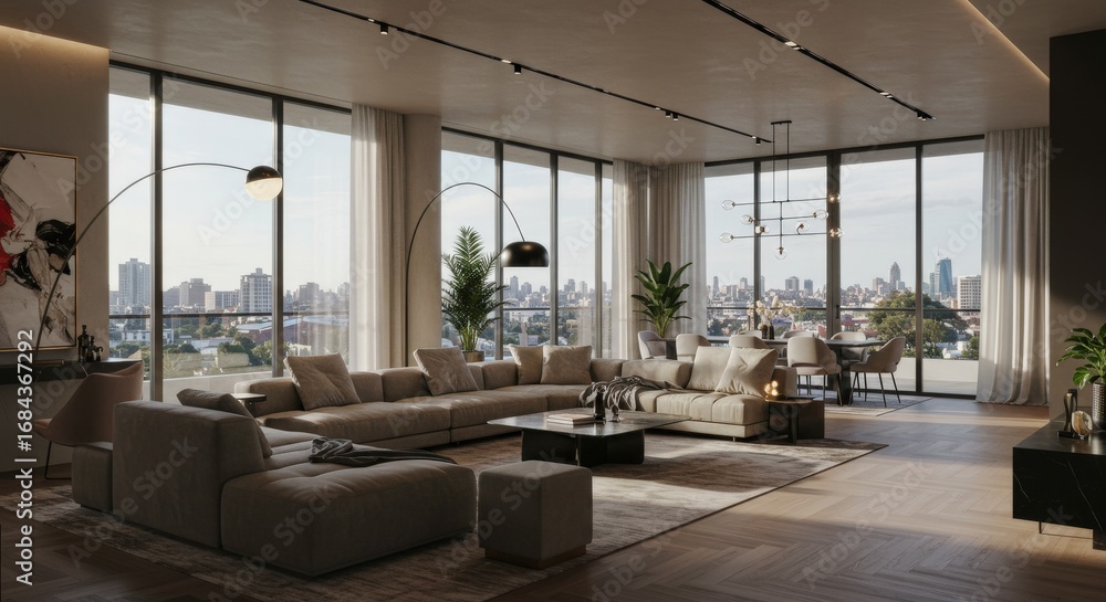 Fototapeta premium Modern Luxury Living Room with City View and Large Sofa.