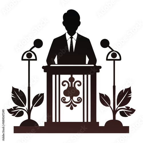 Silhouette of a Speaker at a Podium with Microphones and Decorative Plants speech presentation