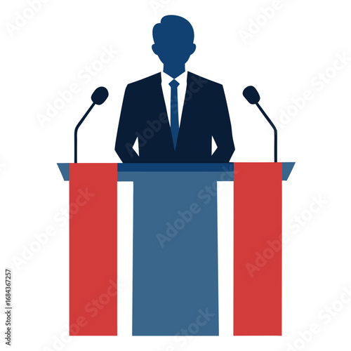 Silhouette of a politician at a podium with red and blue accents on a white background speaker microphone