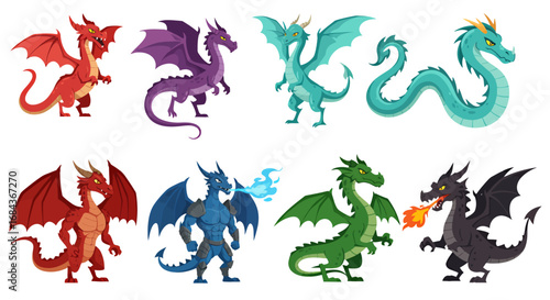 A vibrant collection of cartoon dragons, each with unique colors and poses, perfect for fantasy illustrations, designed as vector graphics with transparent backgrounds for easy integration.