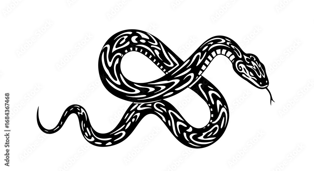 Obraz premium Detailed vector illustration of a snake, showcasing intricate patterns and a dynamic pose, perfect for tattoos or graphic design projects, isolated on white.