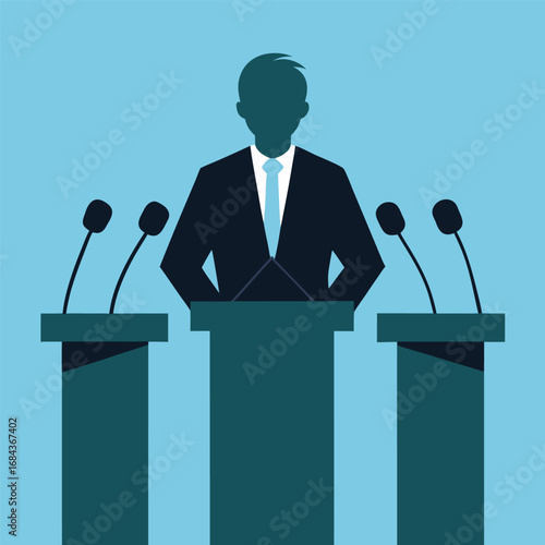 Stylized illustration of a speaker at a three-podium debate on a light blue background microphone speech