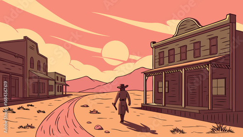 Western town scene with cowboy walking down main street at sunset in desert landscape illustration art