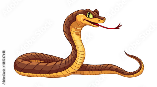 A vibrant cartoon snake with brown and yellow scales, its head raised and tongue flicking, is presented as a clean vector graphic on a crisp white background.