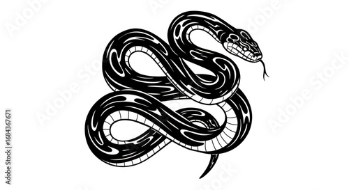 Vector illustration of a stylized black snake with intricate patterns, perfect for tattoos, logos, or any design project needing a powerful and symbolic image.  High-resolution PNG for crisp, clean