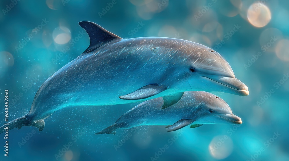 Fototapeta premium A serene underwater scene featuring two dolphins swimming gracefully in clear blue water, illuminated by soft light reflections.