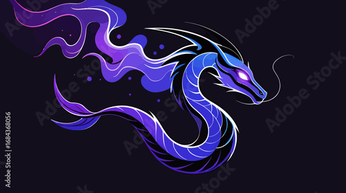 Majestic cosmic dragon vector art, a vibrant purple and blue serpentine creature with glowing fiery accents, ideal for fantasy designs, mythical creature illustrations, and cosmic-themed projects. 
