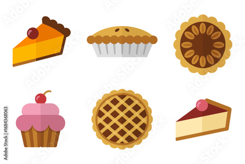 Pie and pastry icons, pumpkin pie slice, cupcake with cherry, lattice pie round, cheesecake wedge, thanksgiving dessert vector set, cozy autumn treats