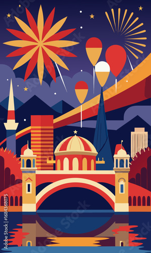 "Scenic illustration of Skopje city celebrating Independence Day, Macedonian flags waving across bridges and historic buildings, festive fireworks in the night sky, modern vector art style."