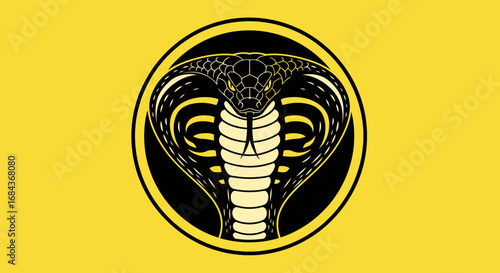 Stylized cobra snake head emblem in a circular frame, presented as a graphic vector illustration on a vibrant yellow background.