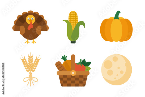 Autumn harvest symbol set, turkey, corn cob, pumpkin, wheat sheaf bundle, produce basket, full moon, thanksgiving celebration vector, seasonal farm graphics