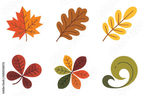 Fall leaves set, maple oak birch foliage, botanical icons, warm color palette, hand drawn style, nature vector illustration, isolated on white, seasonal decor