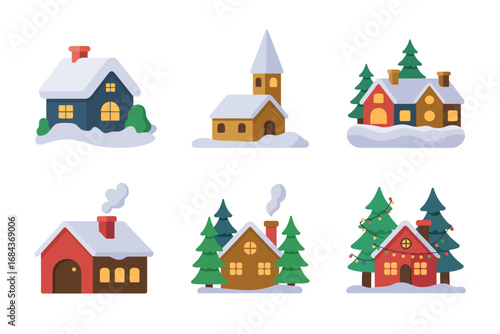Winter cottages illustration set, snowy rooftops, chimney smoke, pine trees, small chapel, cozy village houses, vector graphics, holiday card and poster design