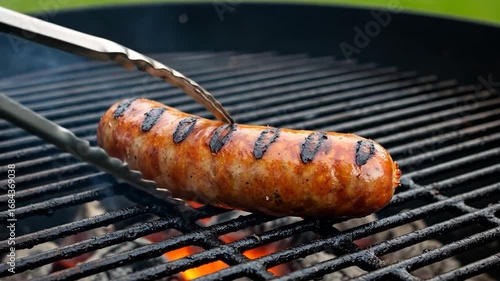 A grilled sausage cooks over hot coals, displaying a beautiful array of grill marks.