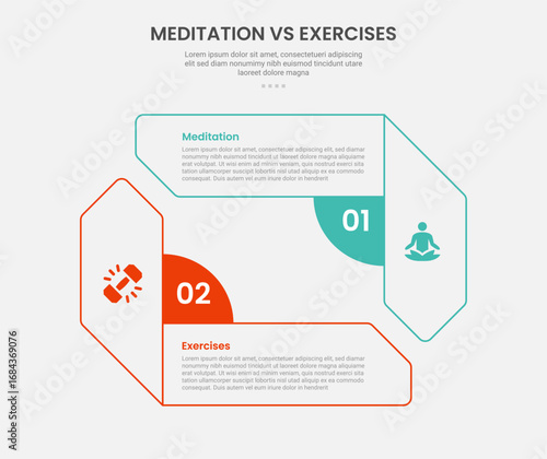 meditation vs exercise infographic outline style with creative rectangle arrow opposite direction 2 point comparison template with for slide presentation