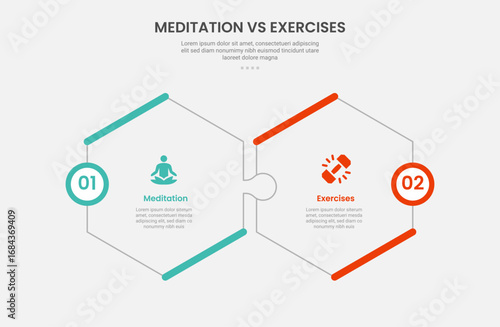 meditation vs exercise infographic outline style with hexagonal shape puzzle jigsaw connection 2 point comparison template with for slide presentation