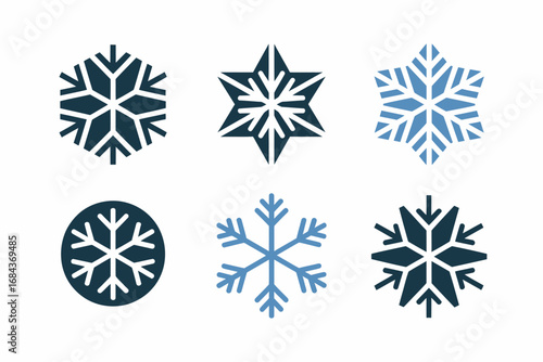 Snowflake icon set, six geometric crystals, dark blue colorway, clean winter symbols for patterns, cards, stickers, laser cut templates, minimalist vector pack