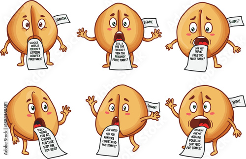Funny cartoon fortune cookies with shocked expressions, surprised lucky message characters, humorous Asian food illustrations, emotional snack mascots, quirky fortune cookie art