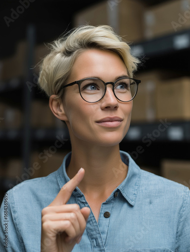 A thoughtful person in glasses points upward, dressed casually in a denim shirt, surrounded by shelves filled with boxes in a storage area.