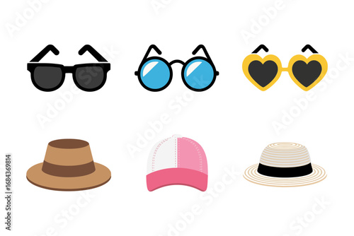 Summer accessories icons, sunglasses set round square heart, straw hat fedora pink cap, beach fashion clipart, vector illustration, flat style, isolated on white, travel design elements