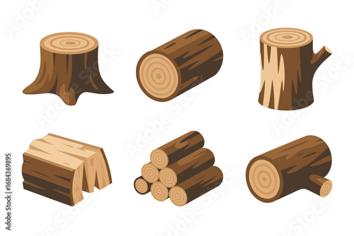 Wood log and stump set, cut timber icons, stacked firewood bundle, tree trunk slices, forestry clipart, rustic vector illustration, isolated on white, camping design