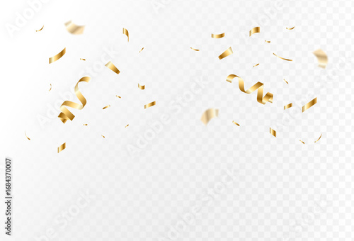 Golden confetti and serpentine streamers falling on a transparent background for celebration and party design elements