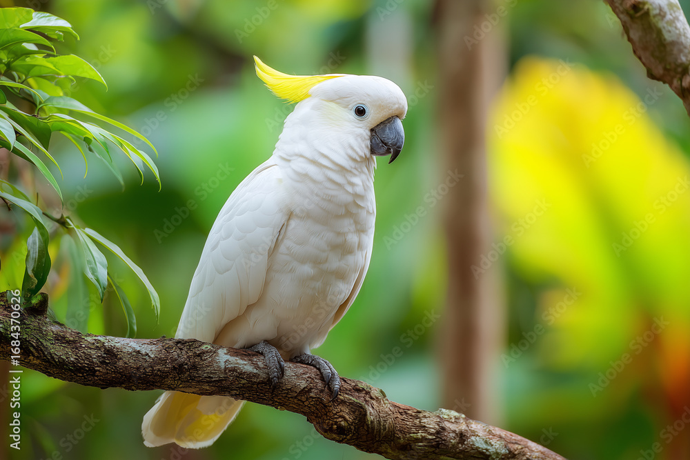 Realistic cockatoo perched on a tree branch, detailed white feathers and yellow crest, tropical background Realistic cockatoo perched on a tree branch, detailed white feathers and yellow crest, tropical background