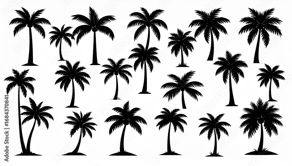 Fototapeta premium Black Palm Trees Set Isolated On White Background. Palm Silhouettes. Design Of Palm