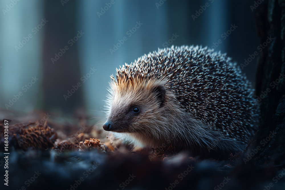 Fototapeta premium realistic hedgehog in the forest, detailed spines, soft natural lighting, wildlife