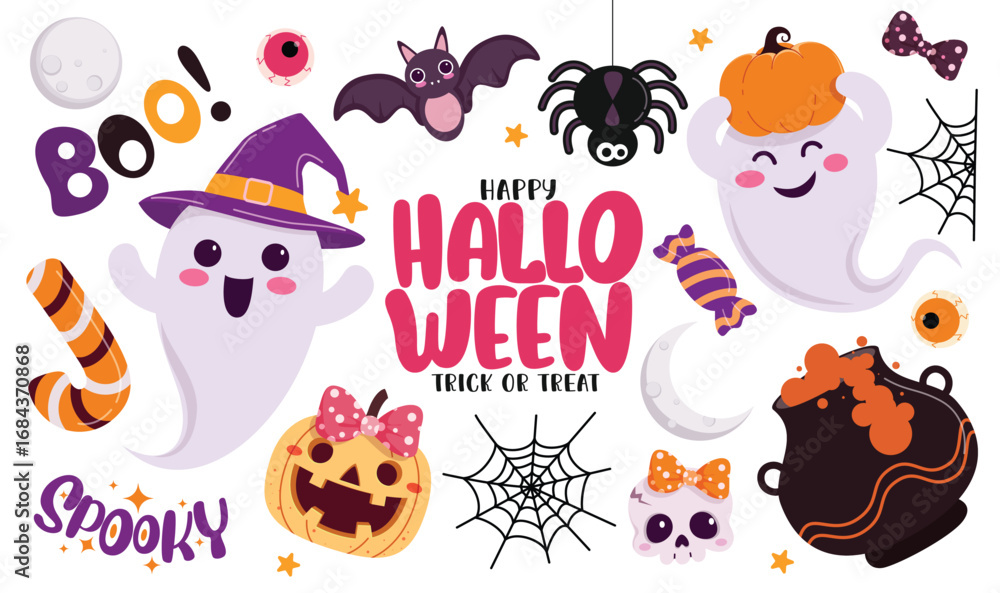 Fototapeta premium Halloween cute elements clipart set. Happy Halloween greeting text with trick or treat spooky elements and character clip art collection like cute ghost, scary pot, pumpkin and bat for horror party 