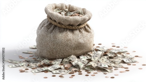 Burlap sack filled with cash and coins, symbolizing wealth, prosperity, and financial abundance in a creative concept for money management and savings