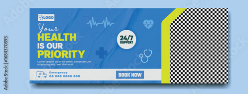 Two smiling male doctors in white coats and scrubs standing together with arms crossed in a modern healthcare advertisement