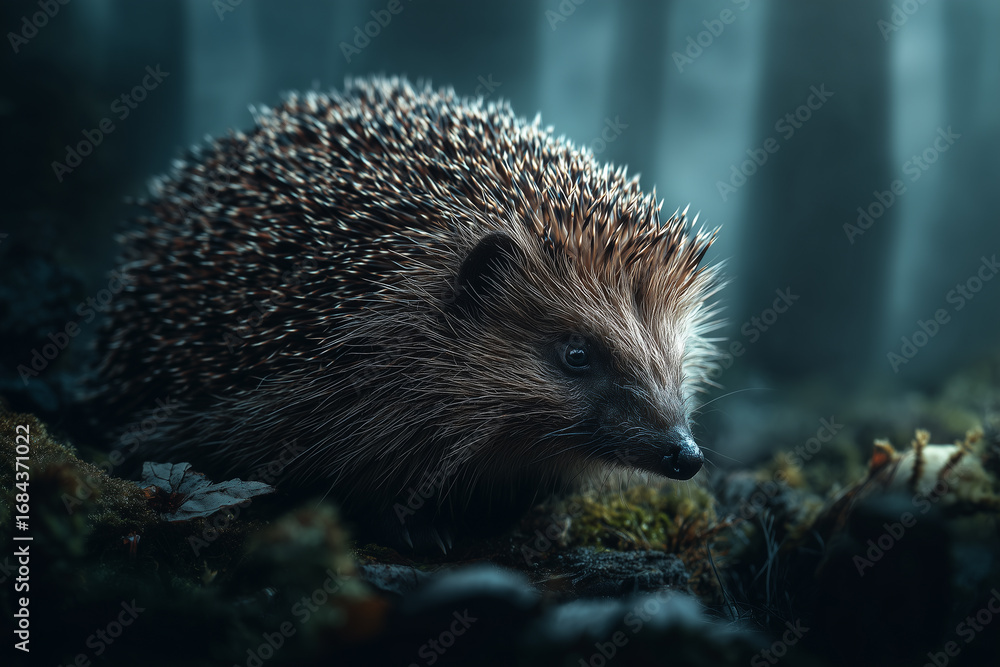 Fototapeta premium realistic hedgehog in the forest, detailed spines, soft natural lighting, wildlife