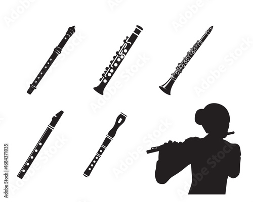 flute bansuri set collection pack bundle black shape icon silhouette vector flat illustration design on white background