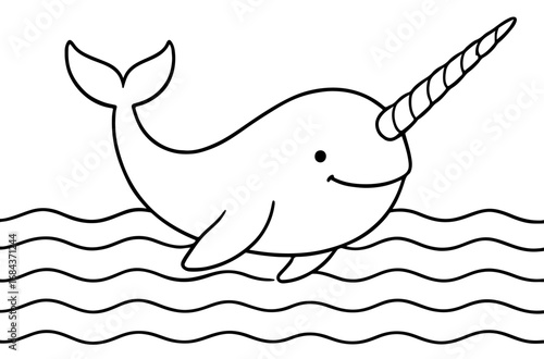 Whale outline narwhal tusk whale swimming through arctic ocean waves kids coloring page