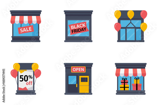 Storefront sale icon set, shop facade, big sale banner, black friday poster, open sign, balloons, discount tag, retail marketing, mall storefront vector