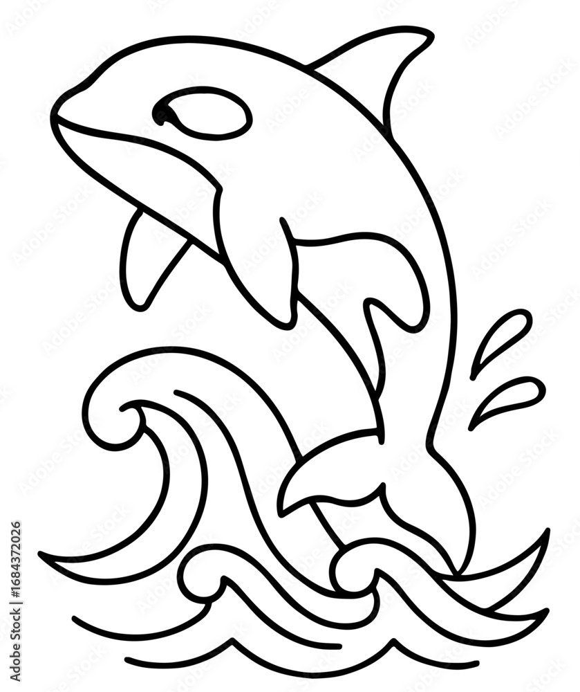 Fototapeta premium Killer whale (orca) outline with splashing waves coloring page