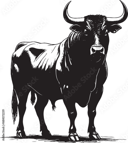 Majestic Black Bull Illustration Standing Proudly with Powerful Horns and Muscular Build Detailed Vector Drawing on White Background